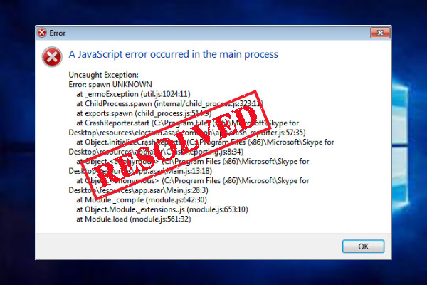 A JavaScript error occurred in the main process. Uncaught