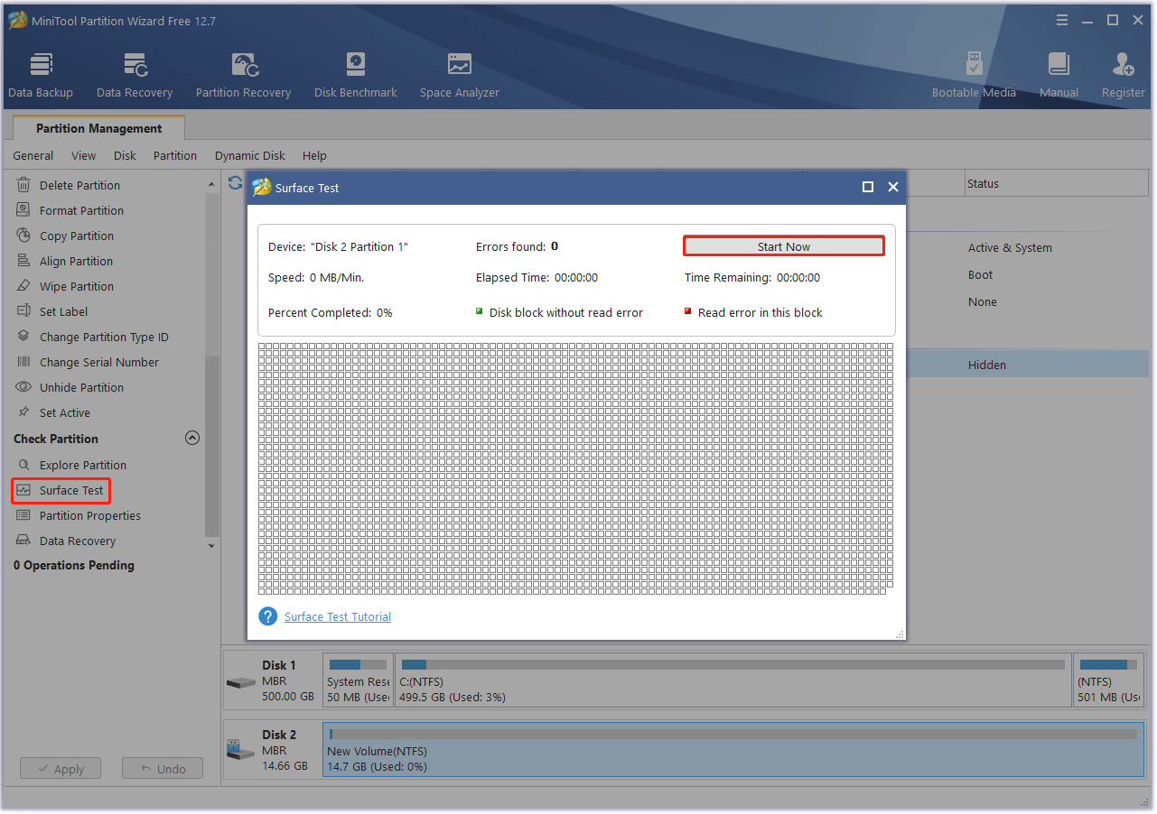 Surface Test using MiniTool Partition Wizard