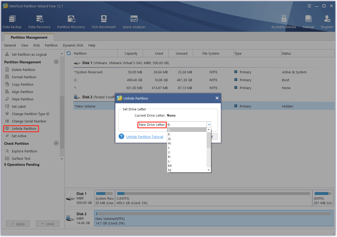 unhide partition using MiniTool Partition Wizard