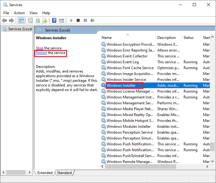 restart the Windows Installer service