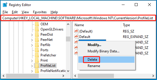 Delete the wrong user profile in Registry Editor