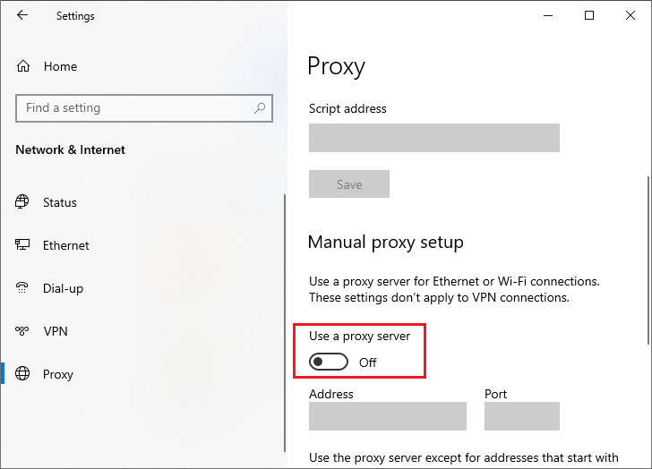 turn off Use a proxy server