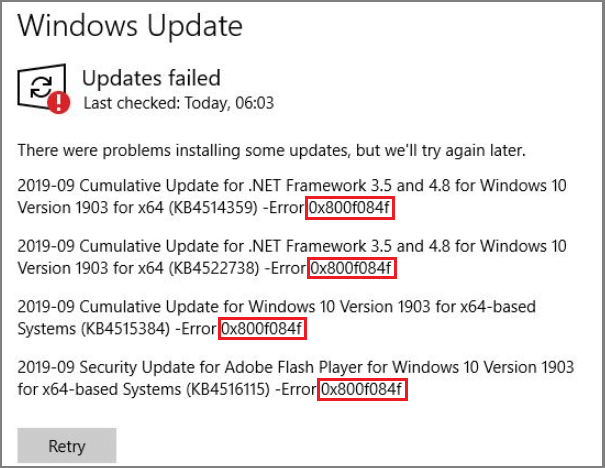 Windows update error 0x800f084f