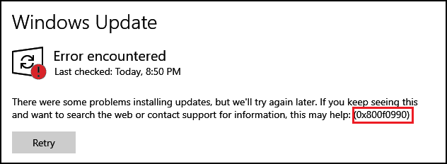 Windows update error 0x800f0990
