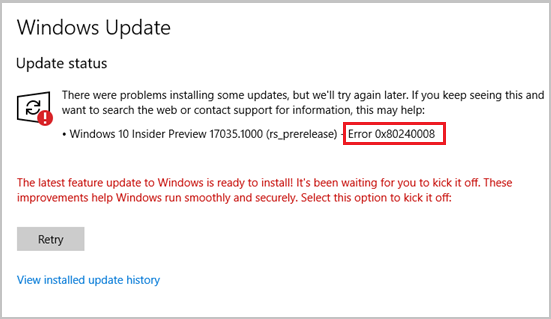 Windows update error 0x80240008