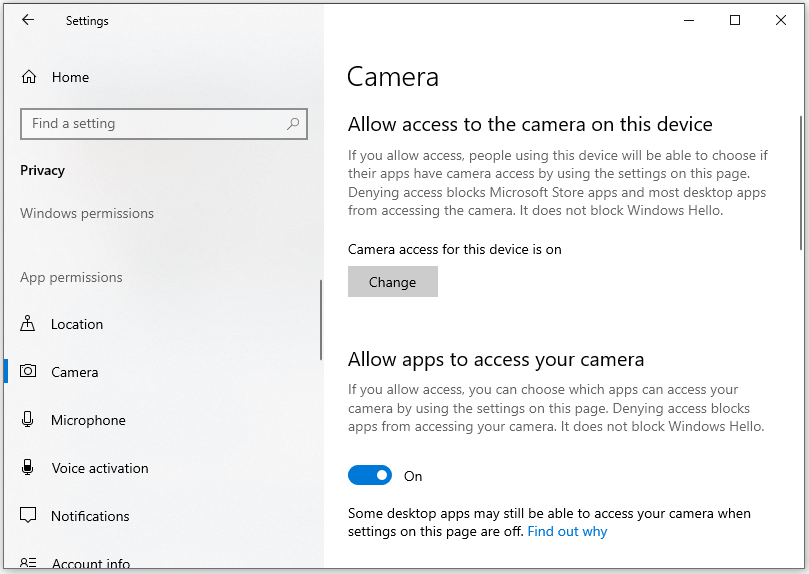 the steps to enable the Camera access feature