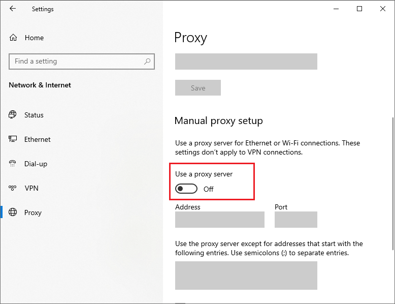 turn off Use a proxy server