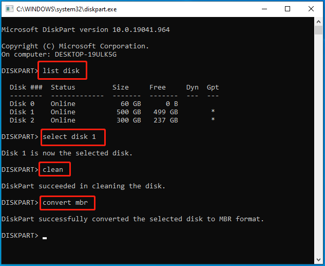 clean a disk and convert it to MBR in CMD