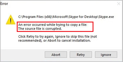 an error occurred while trying to copy a file