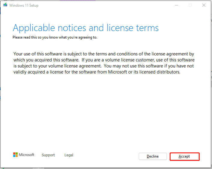 accept Windows 11 license