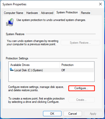 click Configure under Protection Settings