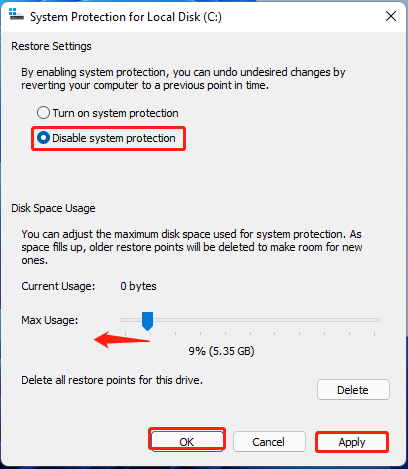 reduce disk space usage in System Protection