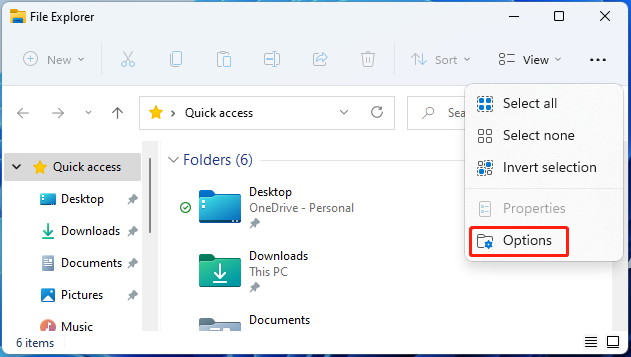 select Options in File Explorer