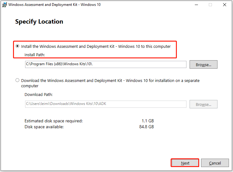 specify the installation for Windows ADK tool