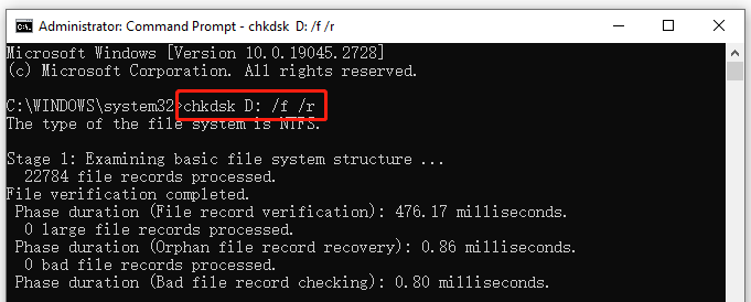 run CHKDSK in the Command Prompt window