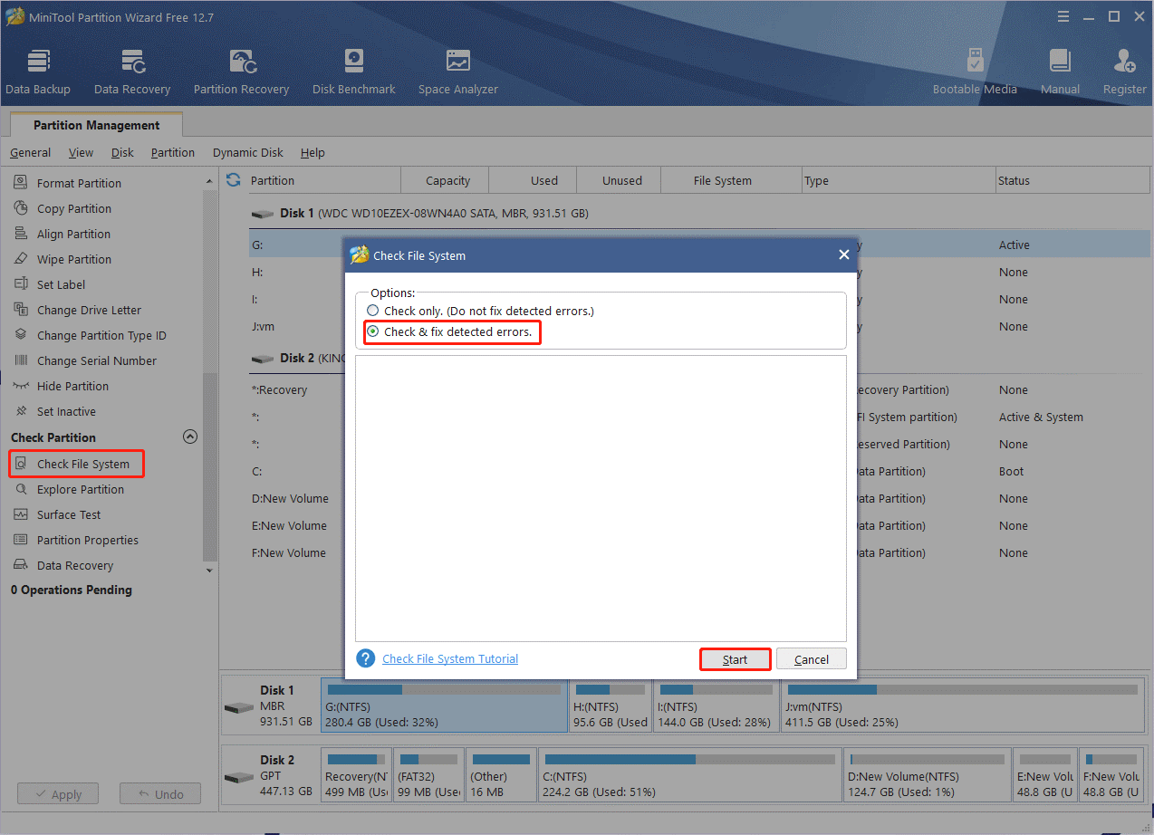 check file system error using MiniTool