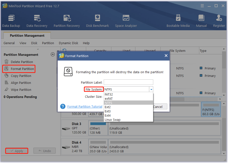 format hard drive using MiniTool Partition Wizard