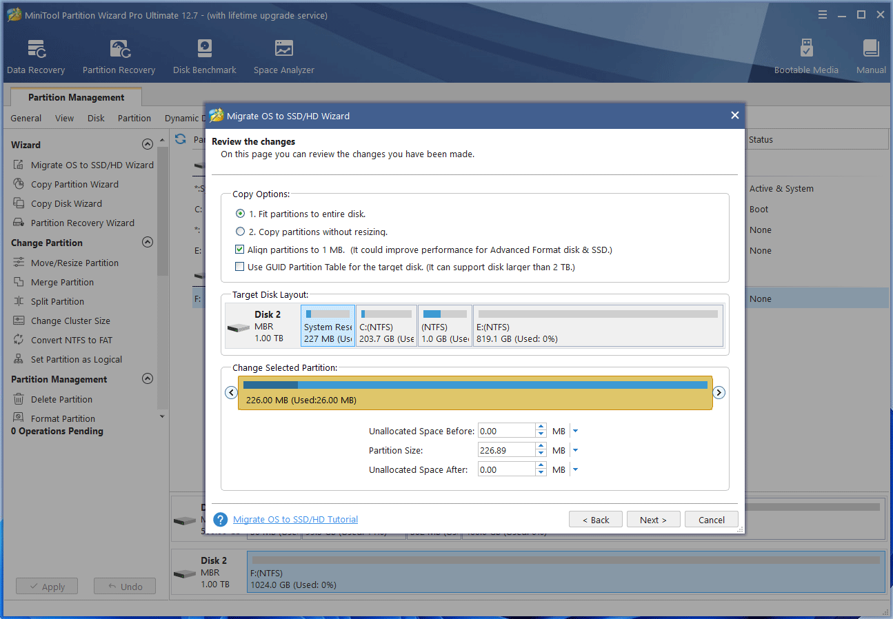 change copy options and disk layout