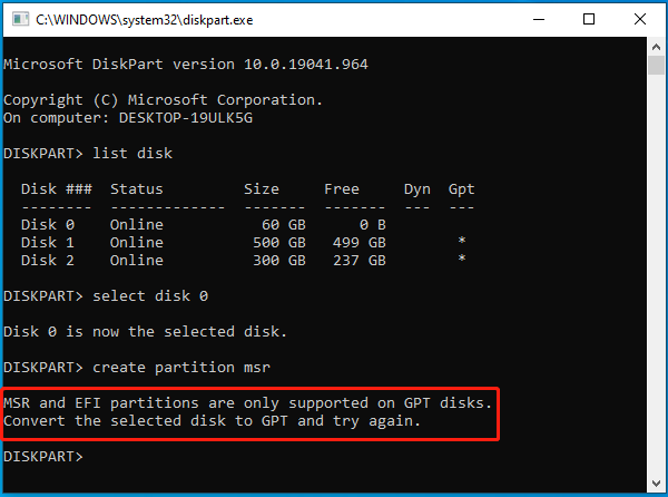 MSR and EFI partitions are only supported on the GPT disk