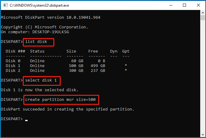 create an MSR partition using DiskPart