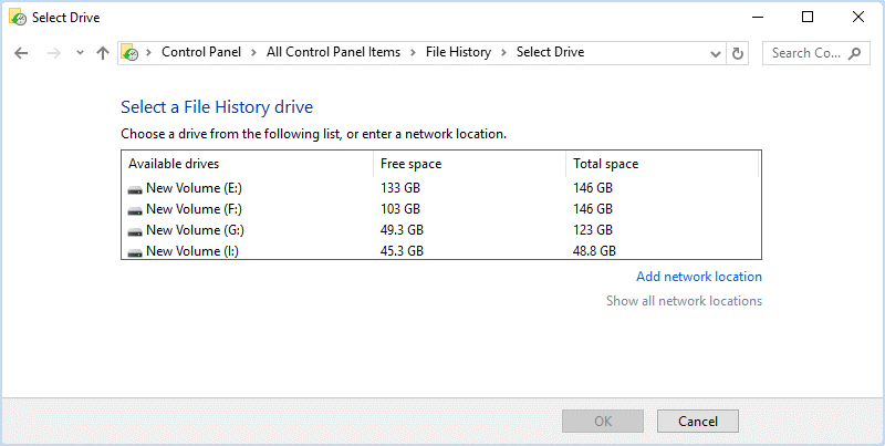 Select the file history drive or another drive