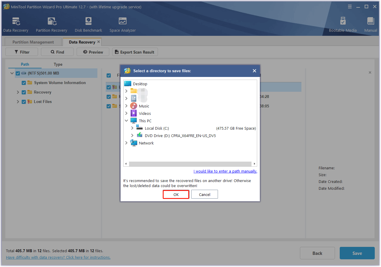 select a directory to save the recovered files