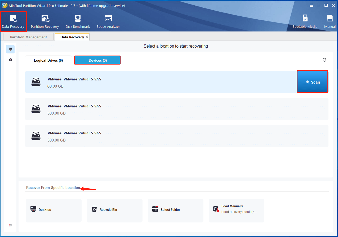click Scan to recover data from a hard drive on MiniTool