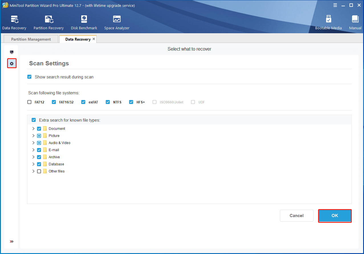 custom Scan Settings for the recovery on MiniTool