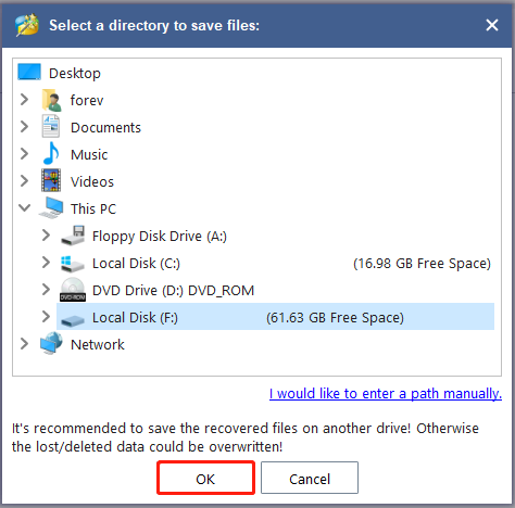 select a location to save data on MiniTool