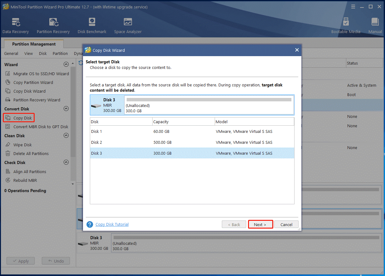 select Copy disk on MiniTool