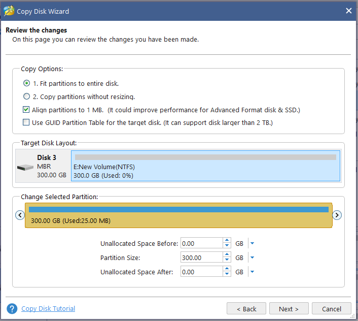 select Copy options on MiniTool