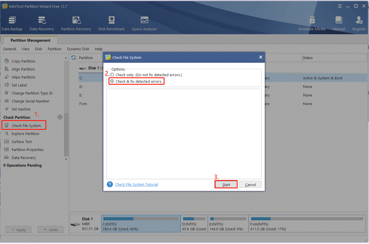 check file system errors using MiniTool