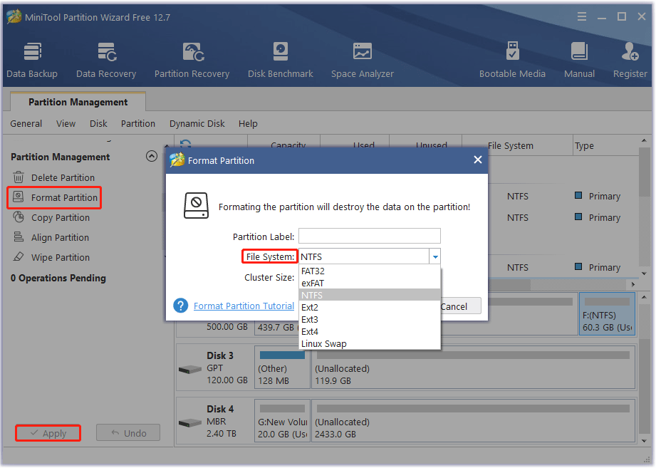 format hard drive with MiniTool Partition Wizard