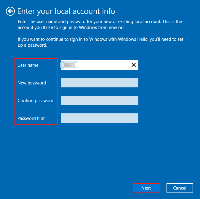 enter the local account info