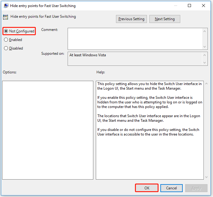 select the Not Configured option