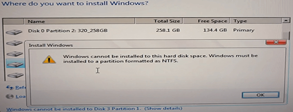 Windows 10 must be installed on an NTFS partition