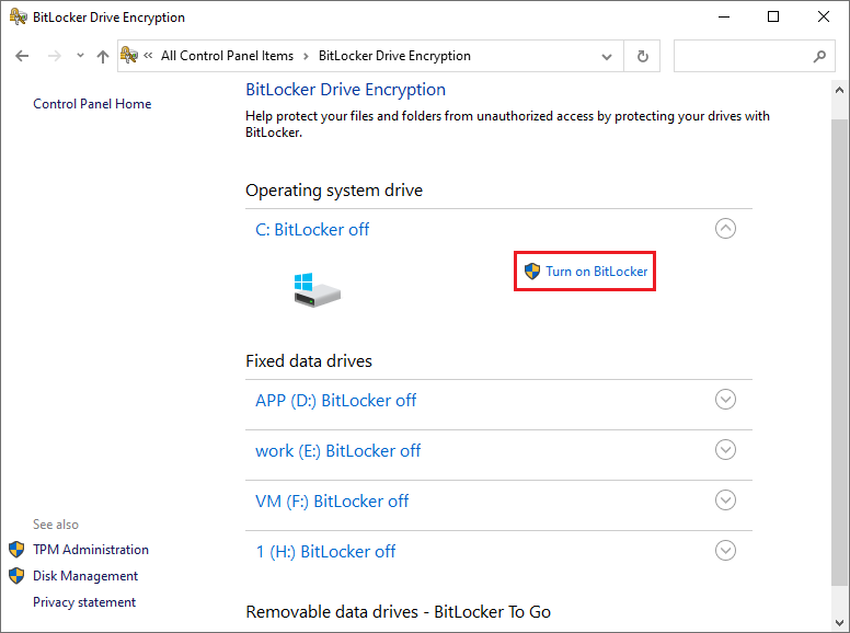 enable BitLocker on C drive