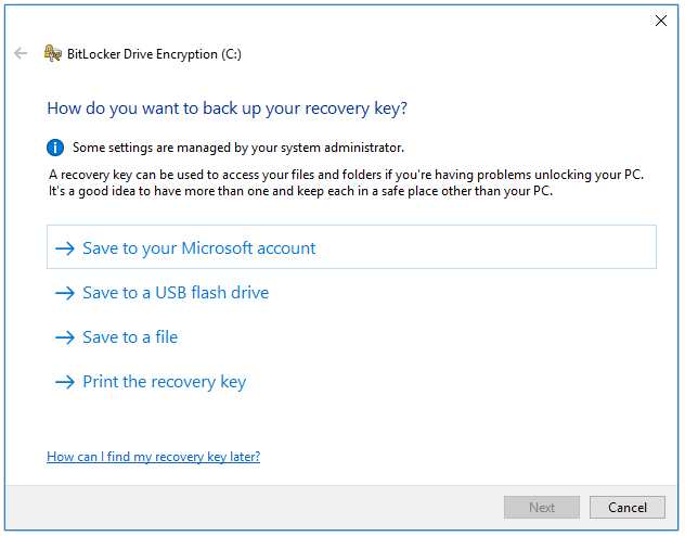 select a location to back up the BitLocker recovery key