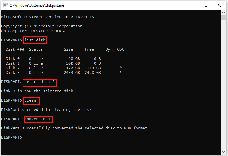 Convert to MBR Disk in Diskpart