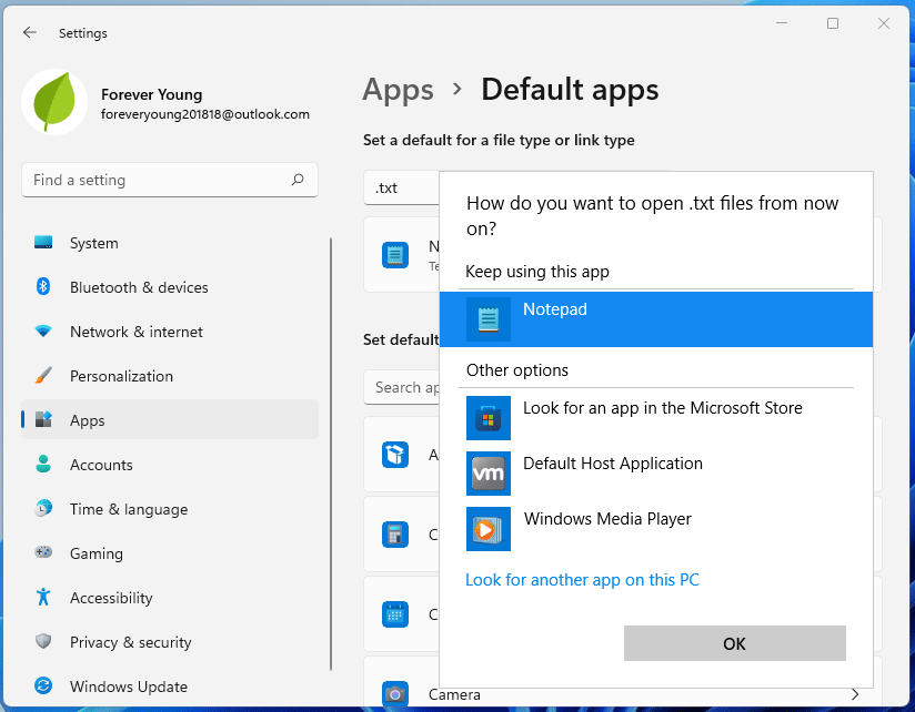 change default app for file type Windows 11