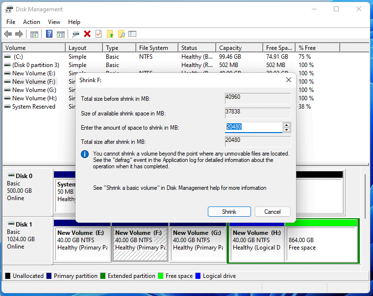 Disk Management shrink a partition