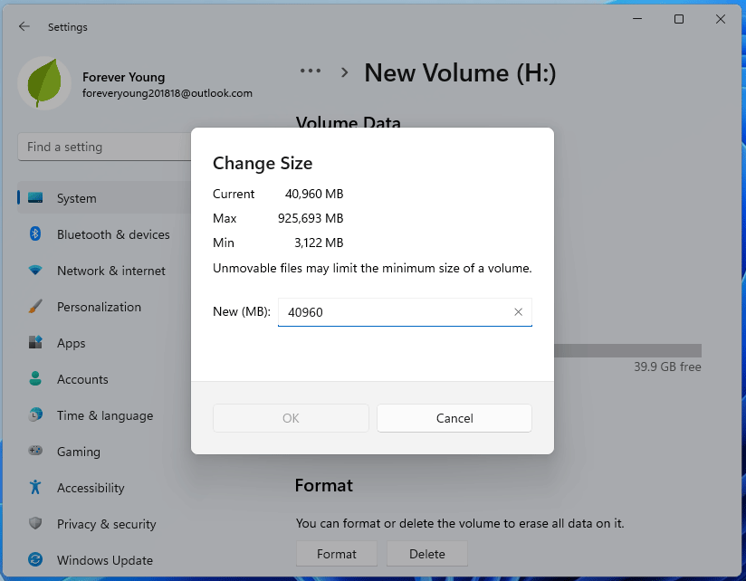Settings change partition size