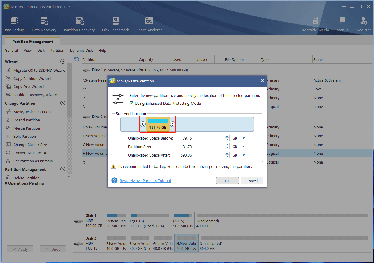 move and resize a partition