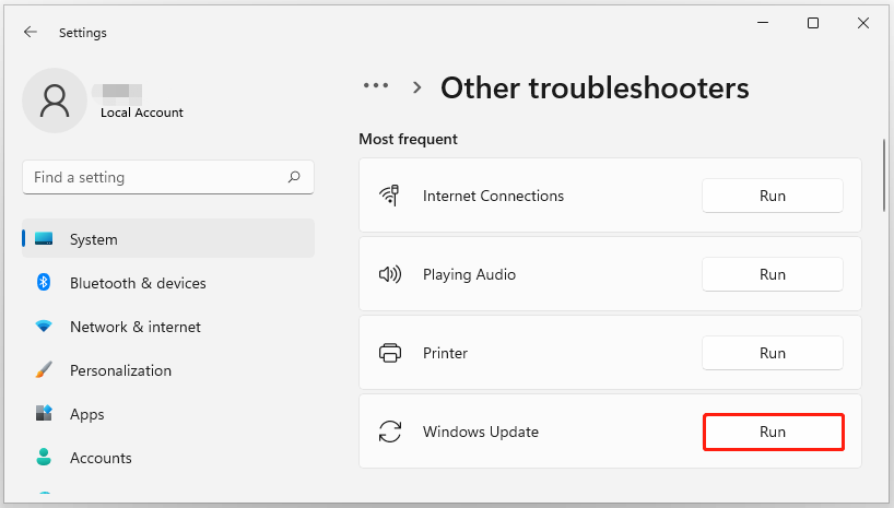 click Run Windows Update troubleshooter