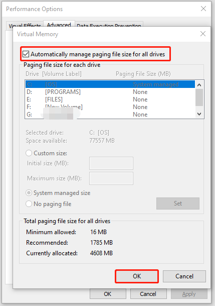 click Automatically manage paging file size for all drives