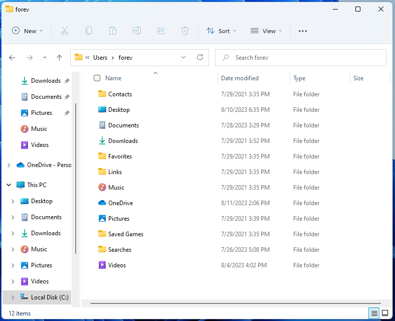 folders under a user account