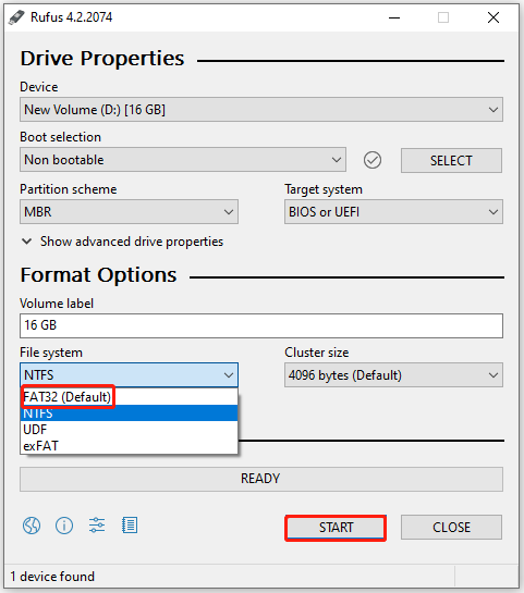 format the USB drive to FAT32 in Rufus