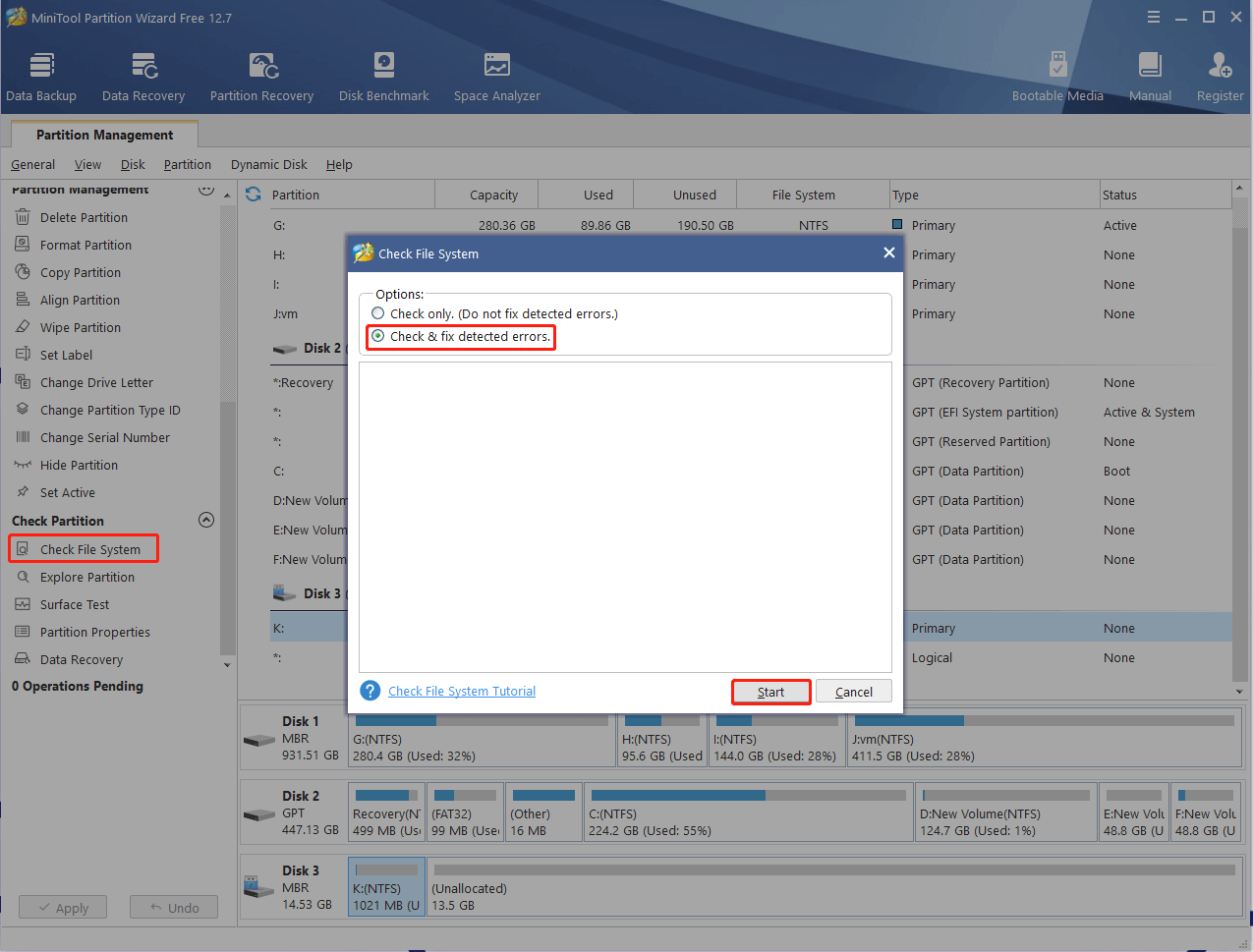 check file system errors using MiniTool