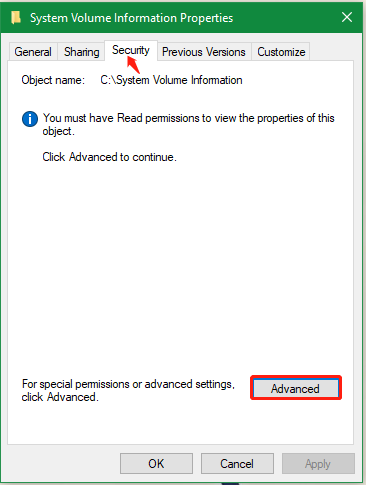 click Advanced in System Volume Information