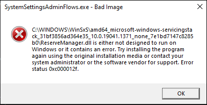 SystemSettingsAdminFlows.exe error